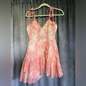 Love Shack Fancy pink mini dress! Adjustable ribbon straps w/lovely detail.